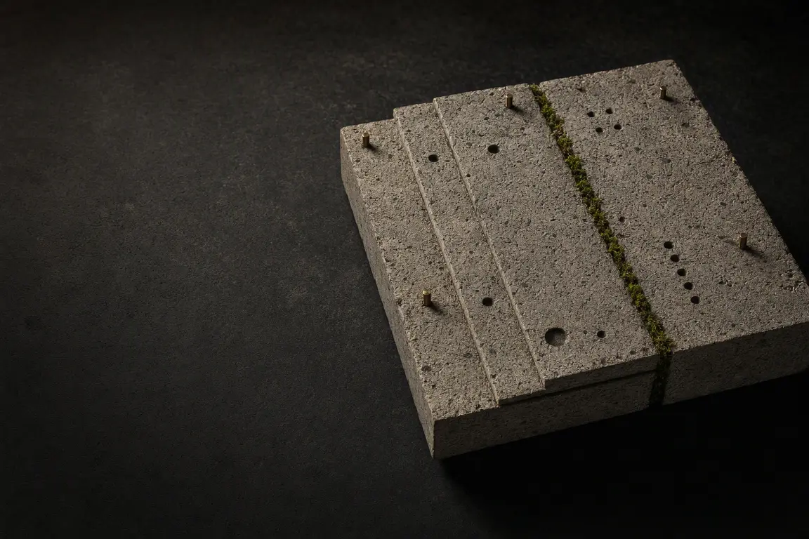 Layered concrete contract slabs joined by a narrow seam of green moss